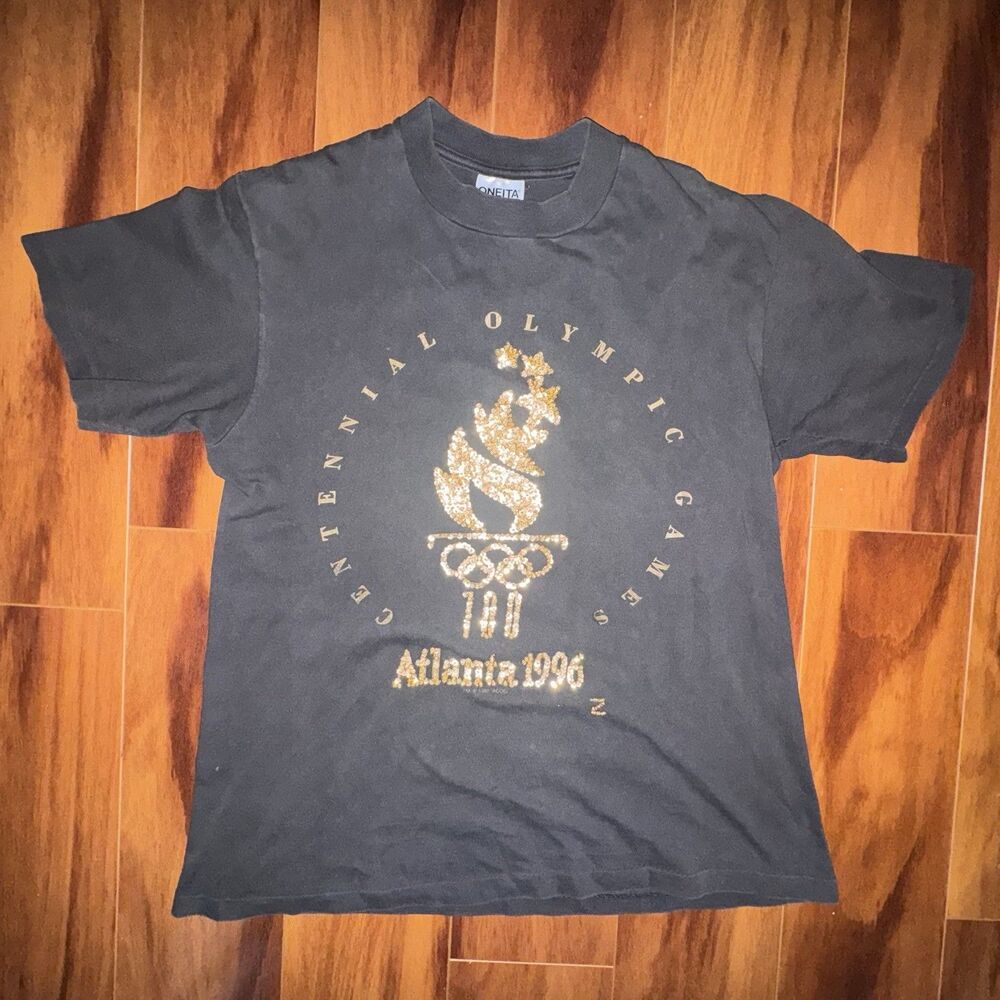 Vintage Atlanta 1996 Olympics T Shirt M Gold Sequin Torch Oneita USA 90s